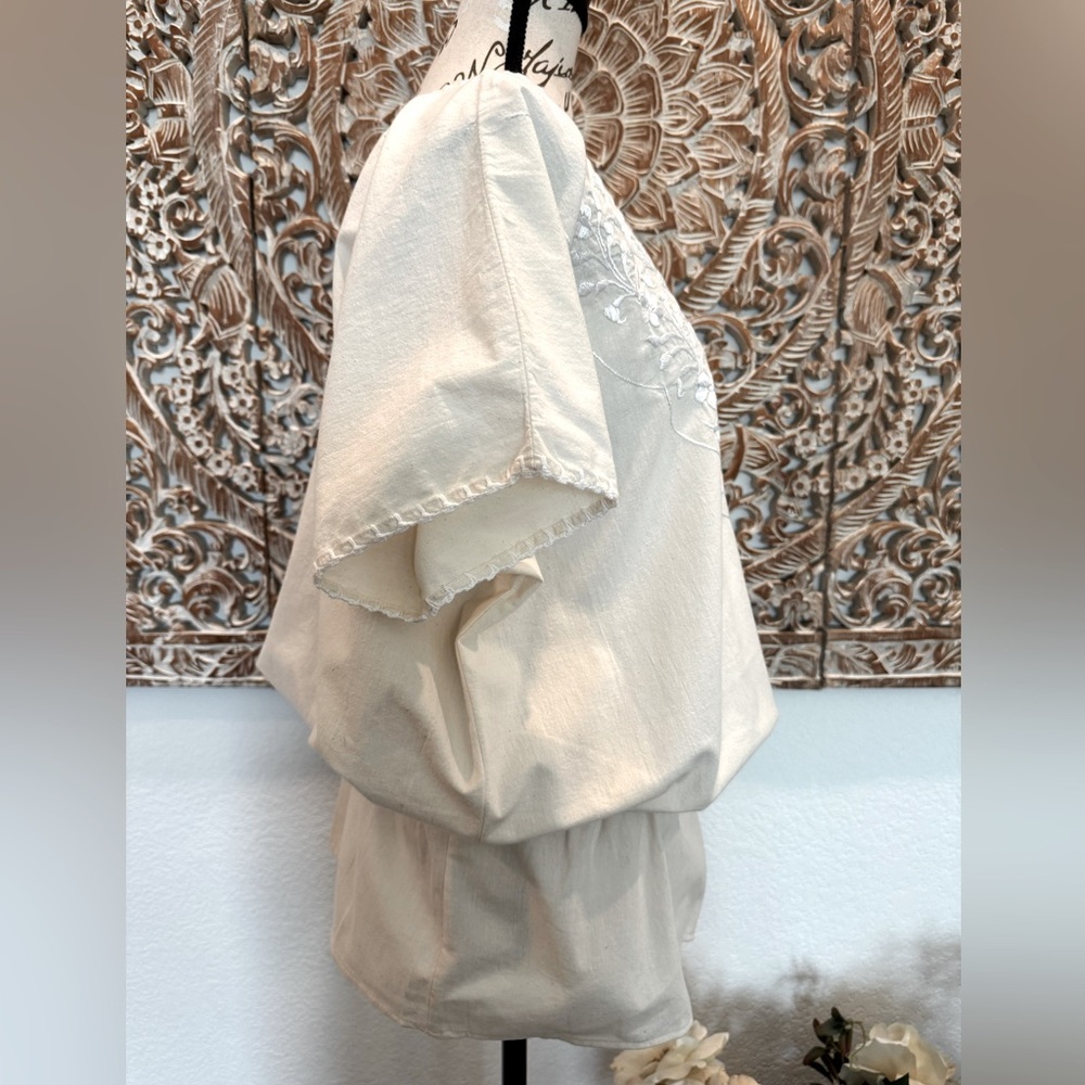 Memory Cream w/White Floral Embroidery 100% Cotton Cinched Waist Blouse- size L - Picture 8 of 14